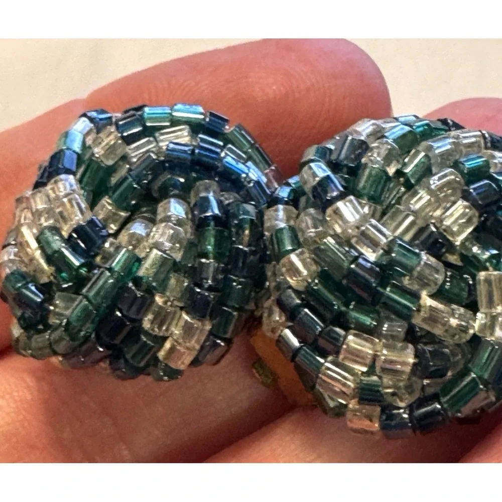 Vintage Teal Navy Blue Glass Beaded Cluster‎ Clip On Button Earrings Woven Domed